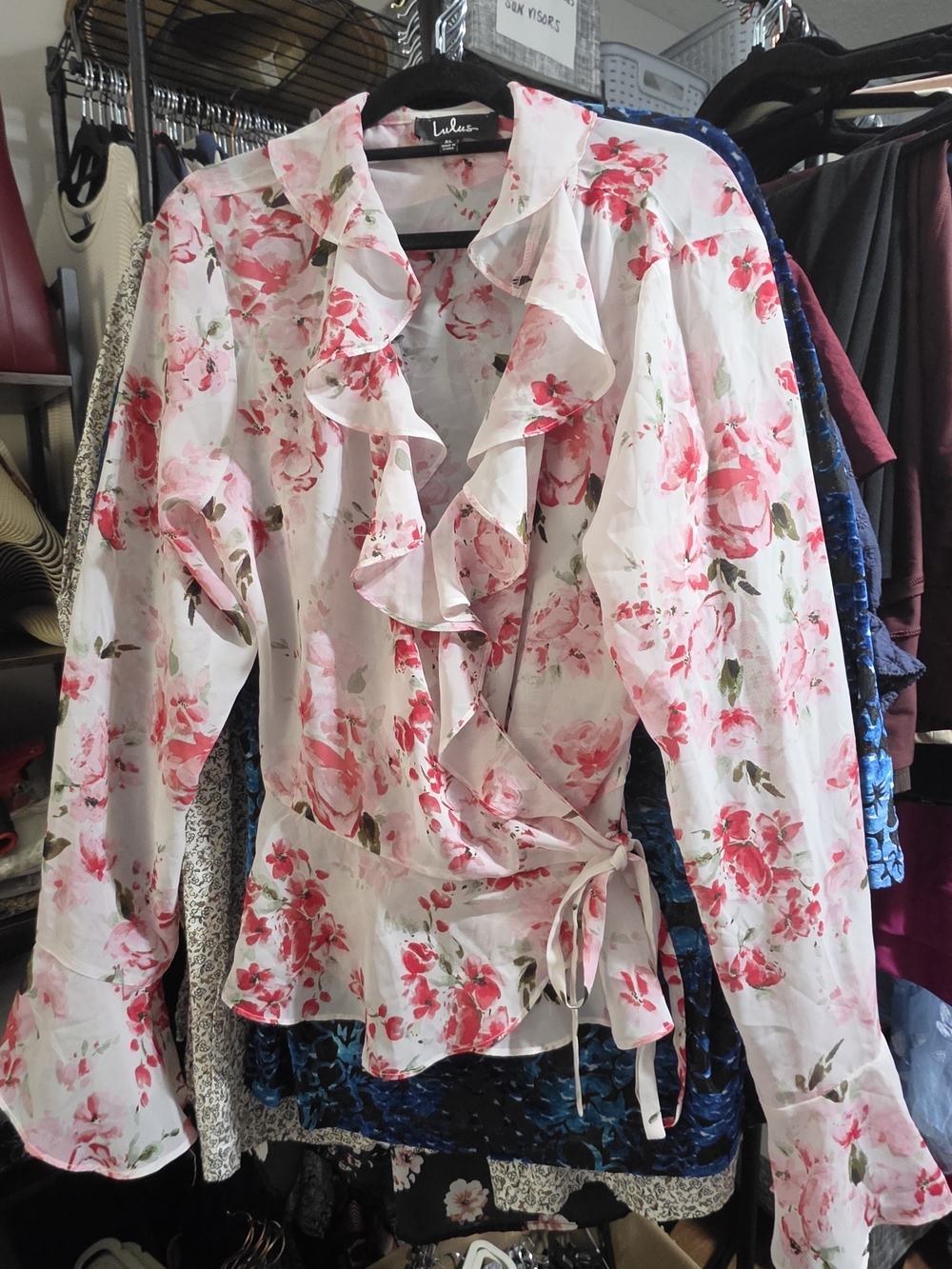 Lulu's Pink and White Floral Ruffle Wrap Top
